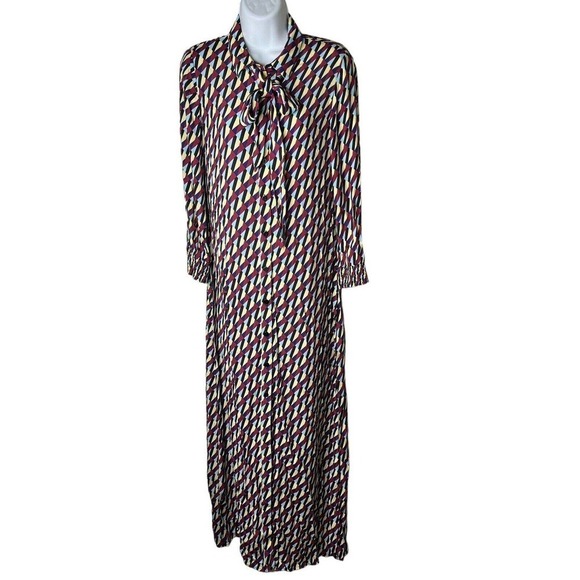 Zara Size S Sussy Shirt Dress Geo Print Maxi Bow at Neck Shift 100% Rayon NEW - Picture 2 of 14